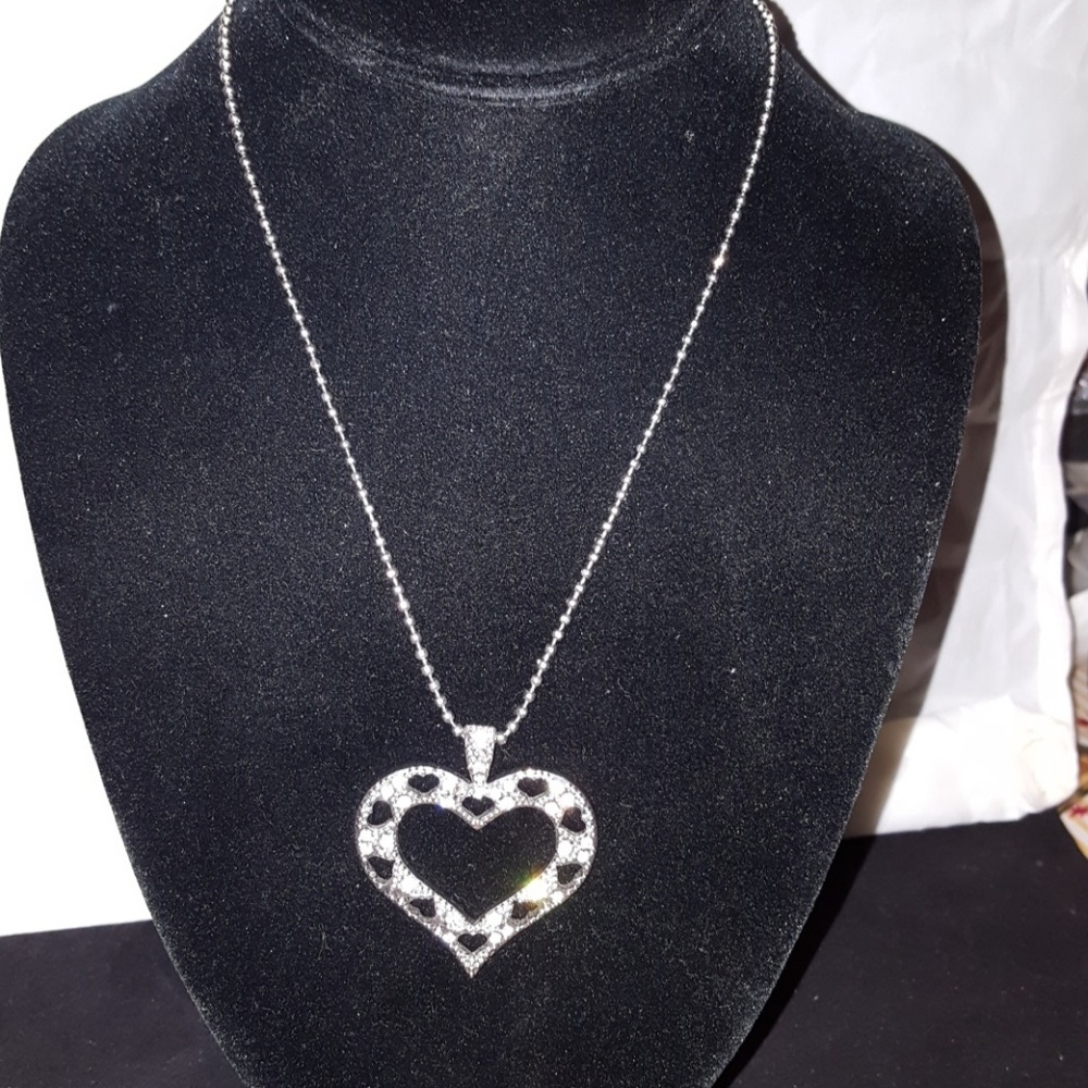 Large silver rhinestone heart necklace New